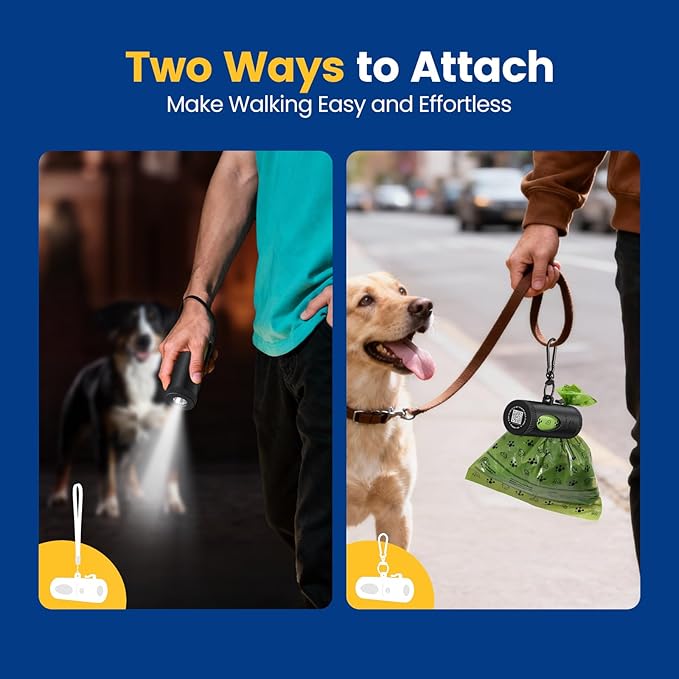 Dog Poop Bag Holder with 4 Modes Flashlight Rechargeable, Smart Dispenser with Used Bags Hook & Retractable Bags Design, Dog Walking Accessory with Carabiner Clip Fits Any Leash (60 Bags Included)
