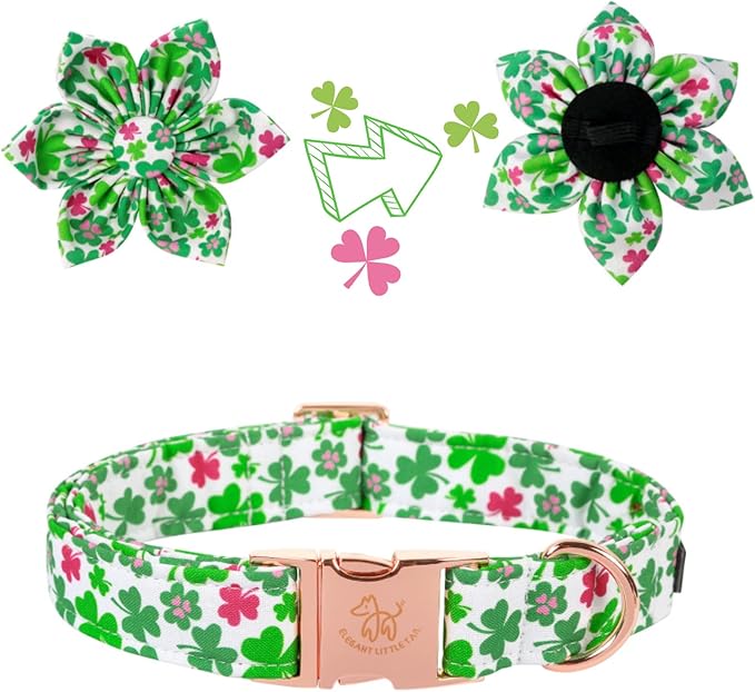 Elegant little tail St. Patrick's Dog Collar with Flower, Dog Collars Flowers Green Clover Girl Pet Gift Adjustable Pet Collars for Medium Dogs