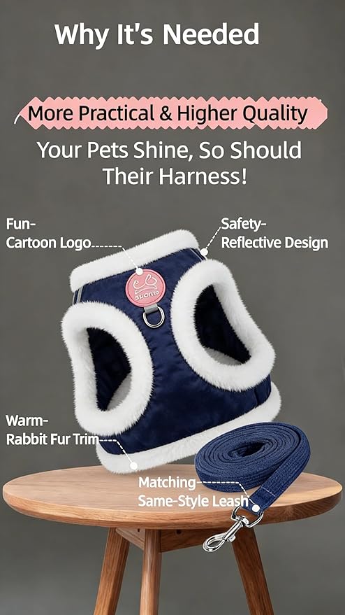 Dog Harness and Leash Set-No Pull No Choke Step-in Pet Harness for Cold Weather Lightweight Adjustable Cat Harness Warm Plush Puppy Vest with Hook & Loop Fastener Buckles D-Rings-Blue+White-M