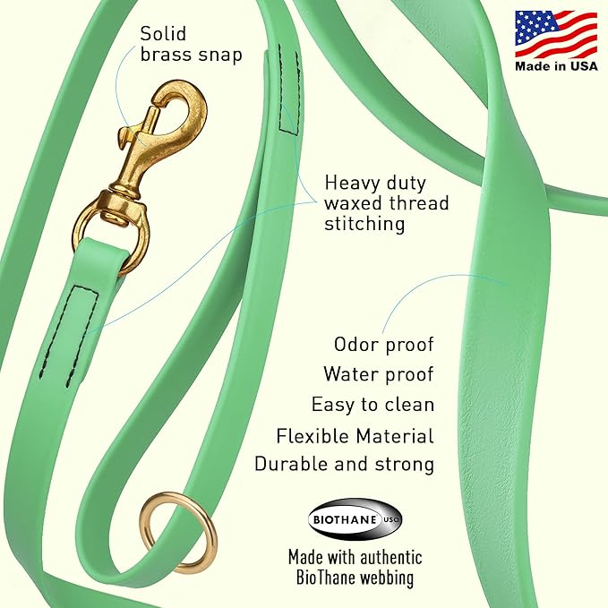 Viper Biothane K9 Working Dog Leash Waterproof Lead for Tracking Training Schutzhund Odor-Proof Long Line with Solid Brass Snap for Puppy Medium and Large Dogs 6ft, Sea Foam Green