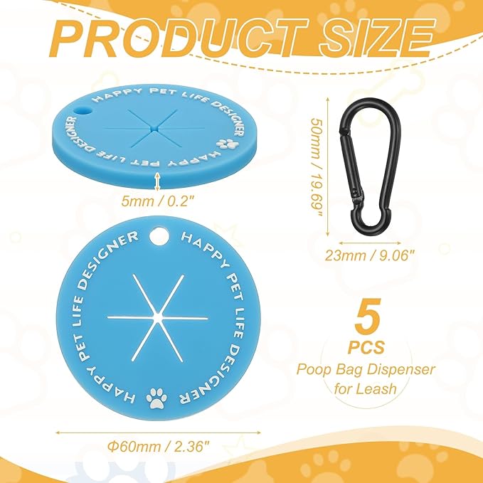 Dog Poop Bag Clip, Dog Poop Bag Holder Round for Dispenser Carrier Hands-Free Lightweight Durable PVC, (Blue, 5 Pcs), Intended for Leash/Pet Waste Bag