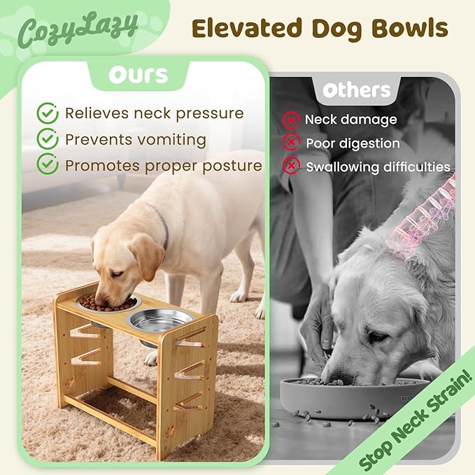 Elevated Dog Bowls, Adjustable Raised Dog Bowl Stand for Large and Medium Pet, 15" High Bamboo Pet Food Feeder with 2 Stainless Steel Dishes（6 Height）