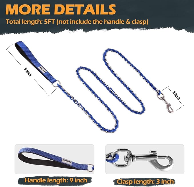 Chain Dog Leash Chew Proof Metal Leash for Medium Large Dogs, Chain Link Dog Leash Anti Chew 5.2FT Strong Anti Bite Dog Leash Comfortable Soft Padded Handle Blue 3.0