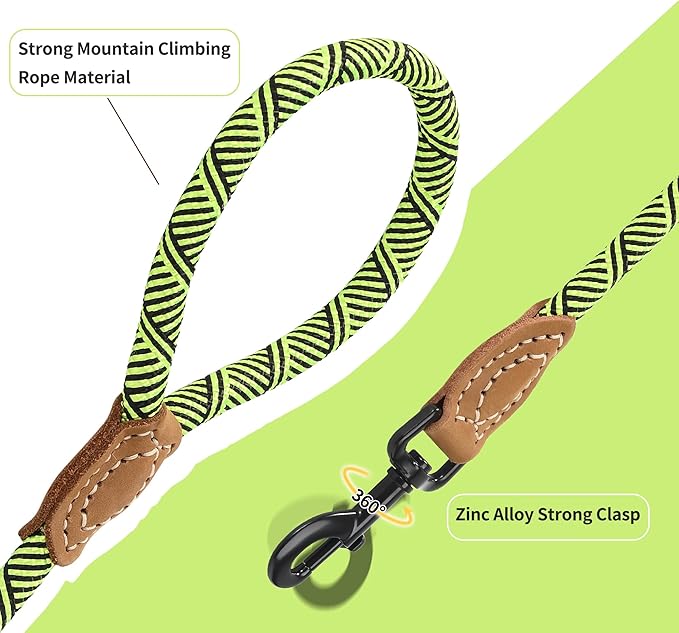 Mile High Life | Mountain Climbing Dog Rope Leash with Heavy Duty Metal Sturdy Clasp | Genuine Leather Tailored Connection with Strong Stitches (Lime Green, 48 Inch (Pack of 1))