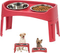 IRIS USA Adjustable Elevated Dog Bowls, Raised Feeder with 2 Stainless Steel 64 oz Bowls, Spill-Guard Rim, 12.25" or 4.63" Heights, Durable Plastic, Made in USA, Red