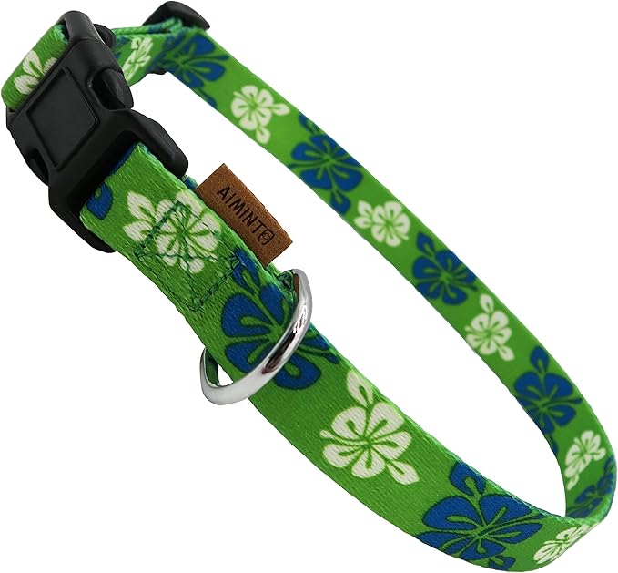 Dog Collar, Cute Floral Pattern, Soft and Adjustable Collar with Quick Release Buckle (M (Neck 14-24", Width 3/4"), Hawaiian Green)