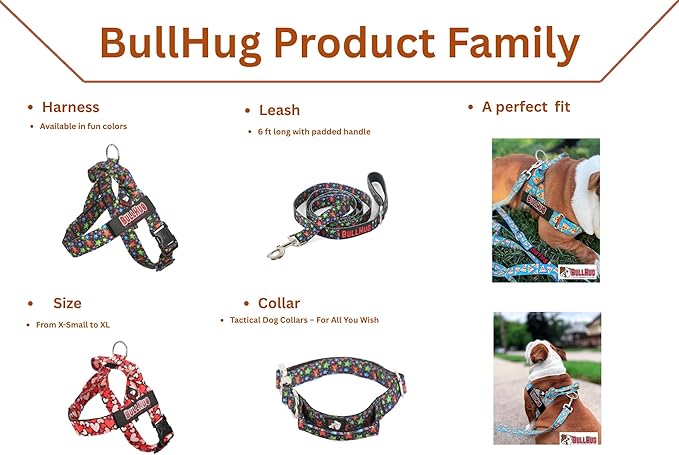 BULLHUG Adjustable Dog Harness– No Pull, No Choke – for English Bulldogs, French Bulldogs, Pugs & Broad-Chested Breeds – Easy, Safe Walks (Pizza, Medium)
