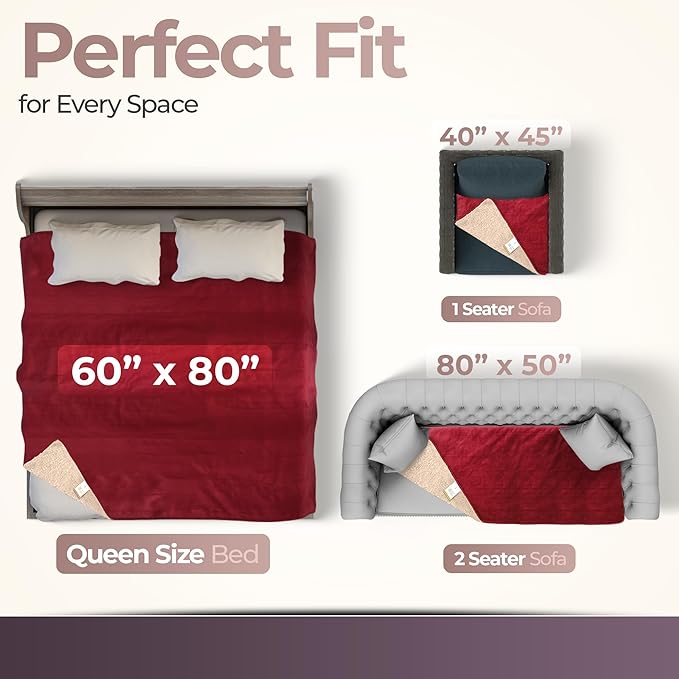 Sacred Weapon Waterproof Blanket for Bed – Dual Sherpa & Fleece Throw - Water Proof Blanket for Couch Absorbent Washable & Leak Proof – Soft & Premium Waterproof Comforter – Dark Red- 80'x50'