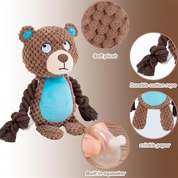 Plush Dog Chew Toys,Squeaky Dog Toys for Aggressive Chewers, Stuffed Animals Dog Toys for Small Medium Large Dogs to Keep Them Busy Puppy Teething Toys（Bear）
