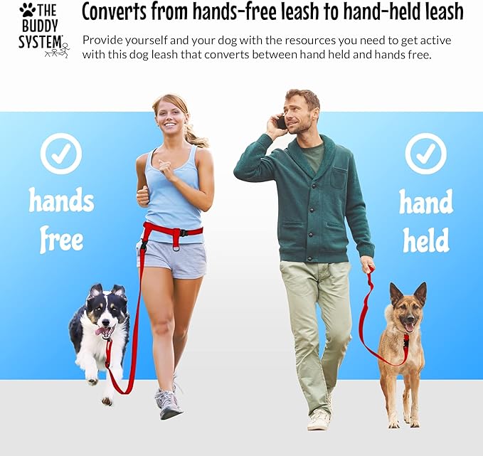 The Buddy System Hands Free Dog Leash, Adjustable Leash for Running, Jogging, Training and Service Dogs, Great for Small, Medium and Large Dogs, Made in USA (Red, X-Large Belt (33"- 60" Waist))