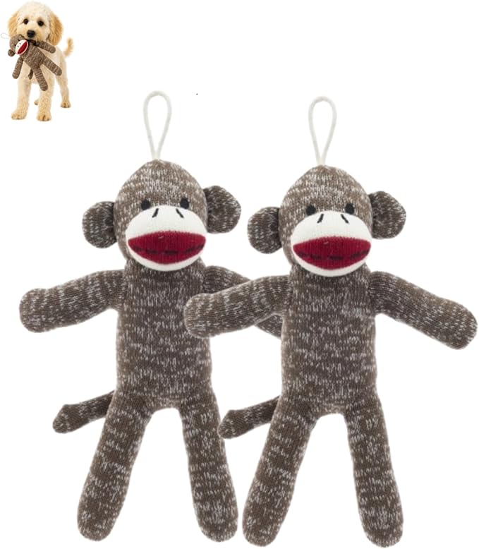Cozy Buddy Sock Monkey Dog Toy – Soft Plush Dog Toy with Squeaker, Polyester Fiber, Cuddly Sock Monkey for Light Chewing. (Pack of 2)