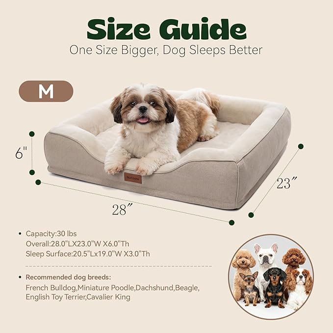 28 Inch Orthopedic Dog Couch Bed for Medium Dogs Up to 30 lbs,Cooling Gel Memory Foam + Egg Crate Foam,Waterproof Removable Washable Cover,4-Sided Bolster,Non-Slip Bottom,Beige
