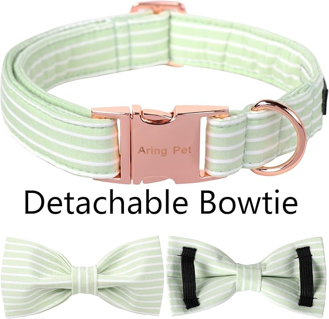 ARING PET Dog Collars with Bow, Green Stripe Adjustable Bowtie Pet Collar with Metal Buckle for Small Medium Large Boy Girl Dogs-XL