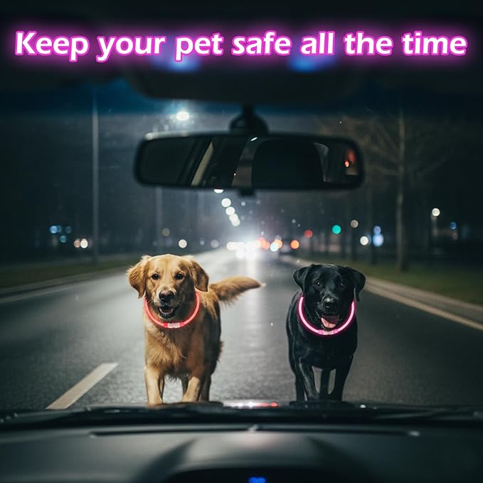 2-Pack Rechargeable Reflective Pet Gear LED Dog Collar Light Up, Flashing Glowing Illuminated Collar for Night Walking, Neon Pet Collar with Light for Small/Medium/Large Dogs (Pink&Red)