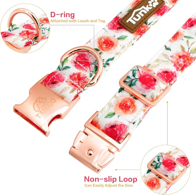 Tunkoo Flower Dog Collar with Cute Bow Tie and Rose Patterns, Adjustable Premium Durable Cotton Collar Gift for Small Medium Large Boys Girls Dogs, S