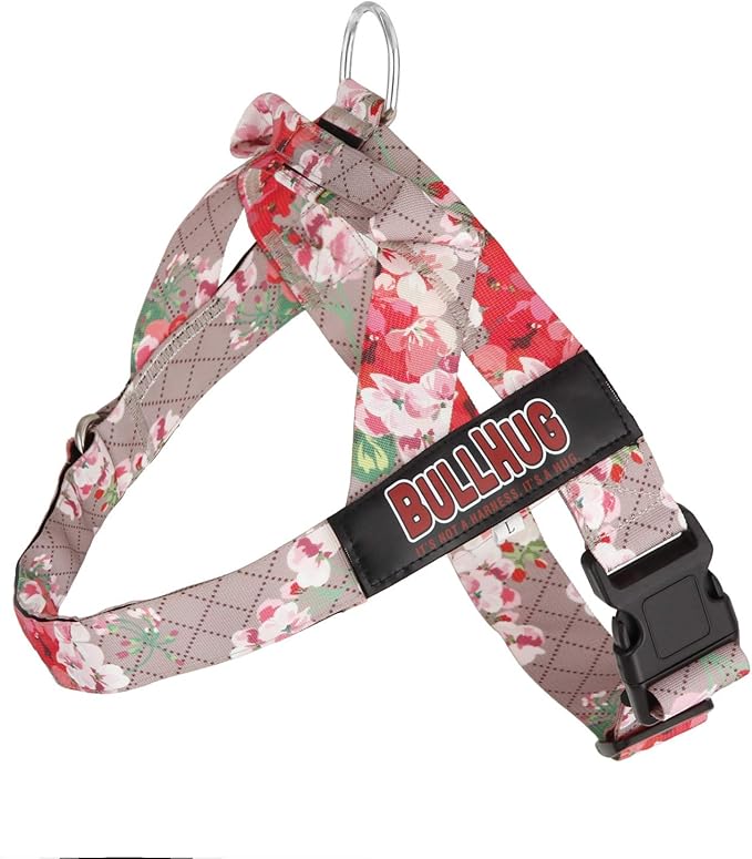 BULLHUG Adjustable Dog Harness– No Pull, No Choke – for English Bulldogs, French Bulldogs, Pugs & Broad-Chested Breeds – Easy, Safe Walks (Pink Floral, XL)
