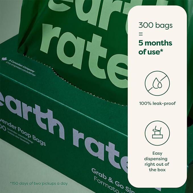 Earth Rated Dog Poop Bags, Thick Grab and Go Single Roll, Ideal for Backyard Pickups, Lavender Scented, 300 Count