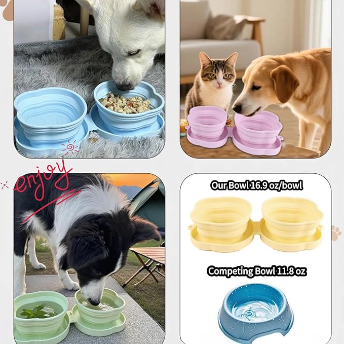 Large Dog Bowl Collapsible Dual Pet Bowl Flip Over Foldable Travel Food & Water Bowls for Dogs & Cats, Lightweight Portable 2-in-1 Double Feeder, 16.9 oz Each Bowl (Yellow)