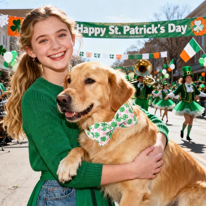 DOGWONG St. Patrick's Day Shamrock Dog Collar with Bow,Pink Green Four Leaf Clover Pattern Dog Collar, Adjustable Durable Soft Collars Irish Gift for Male Female Puppy,XS