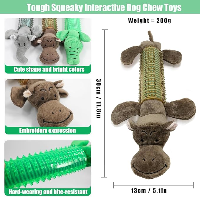 2025 New Dog Chew Toys for Aggressive Chewers, Tough Interactive Plush Squeaky Toys with TPR Rubber, Dog Toys for Small/Medium/Large Dogs Breed (E Crocodile + Elephant)