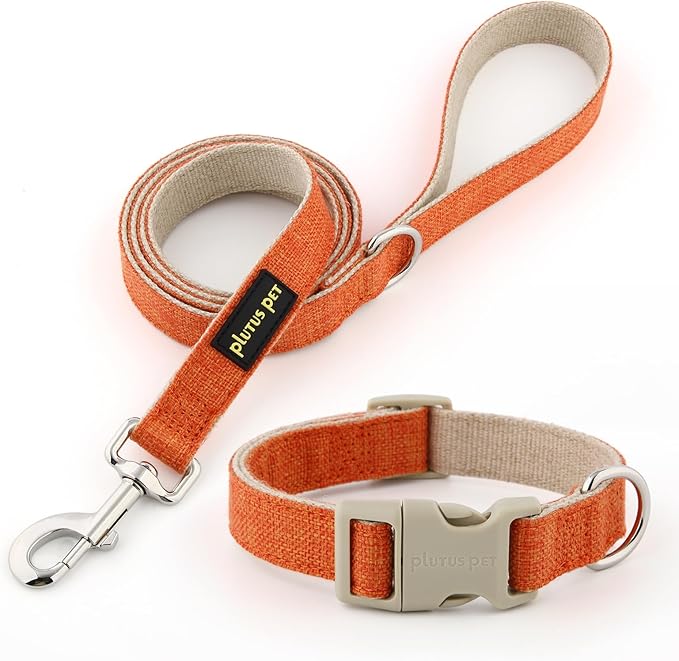 Plutus Pet Cotton Hemp Dog Collar and Leash Set, Adjustable Collar for Small, Medium, and Large Dogs, Heavy Duty and Soft on Skin, Orange, M
