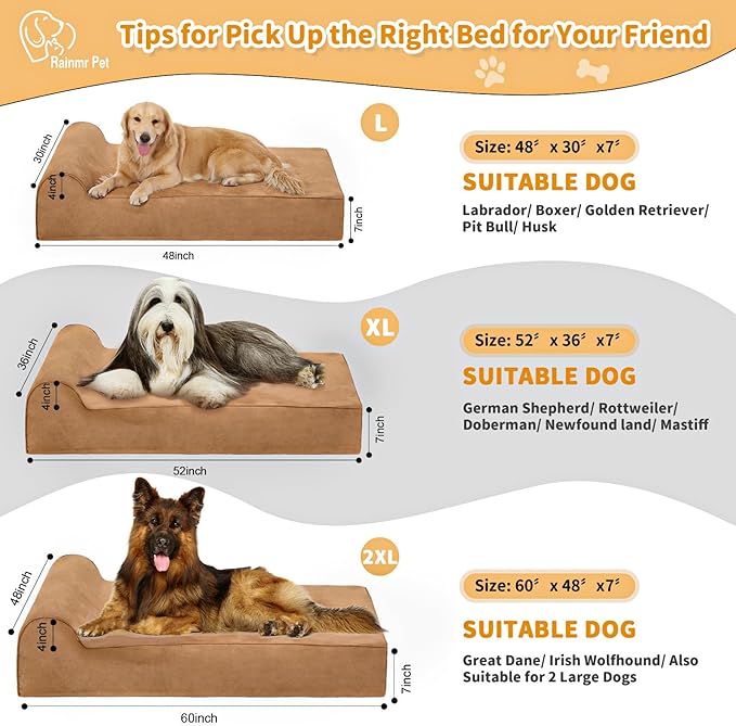 Orthopedic Dog Beds for Large Dogs, 7" Memory Foam Dog Beds with Waterproof Liner, Durable Microsuede Cover, Removable and Washable, Nonskid Bottom, 48"x30"x7" L Khaki