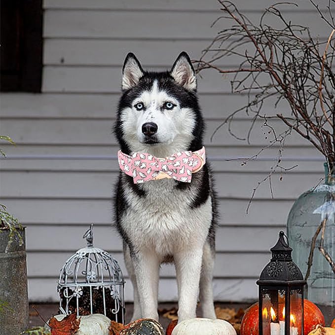 Elegant little tail Halloween Dog Collar, Pink Ghosts Print Dog Collar with Bow Puppy Collar Bowtie Flower Female Cotton Adjustable Collars for Small Medium Large Dogs