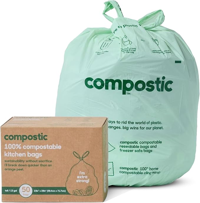 Compostic Home Compostable Trash Bags, 13 Gallon Tall Kitchen Rubbish Bags, Extra Strong & Quickly Breaks Down, 50 Count