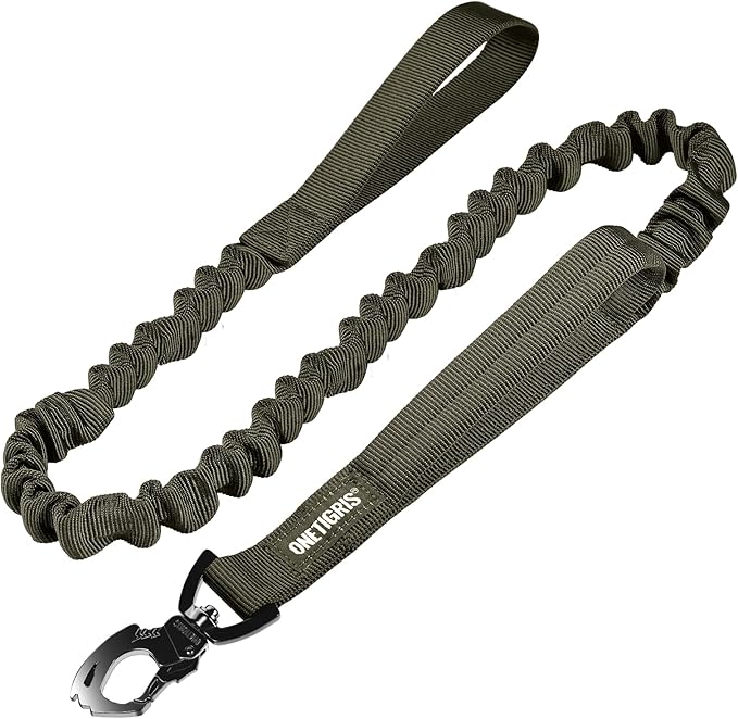 OneTigris Tactical Dog Training Bungee Leash with 2 Control Handle Quick Release Nylon Leads Rope(Ranger Green)