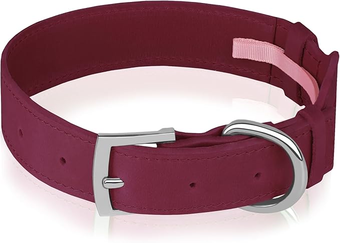 Leather Dog Collar with Airtag Holder - Apple Air Tag Dog Collars - Soft Tracking GPS Pet Collar for Small Medium Large Dogs Breed Puppy (Burgundy, L, 15"-19" Neck Fit)
