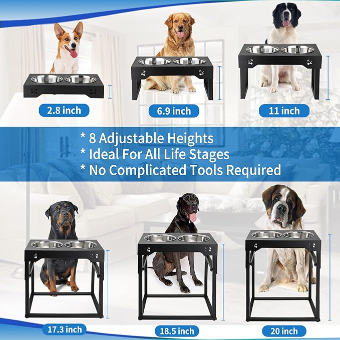 Elevated Dog Bowls, Adjustable Stainless Steel Bowls for Large, X/XL, Medium, Small Sized Dogs, Nonslip, 2 in 1