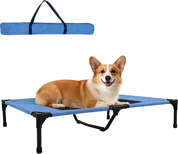 Dog Bed Medium Size Dog, Raised Pet Cot for Medium and Large Dogs, Cooling Breathable Mesh, Durable Sturdy Frame, Washable Cover, Portable and Easy to Assemble Indoor/Outdoor Pet Bed, Blue, M