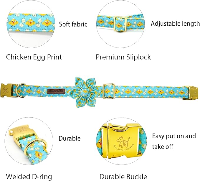 Elegant little tail Easter Dog Collar, Chicken Eggs Dog Collar with Flower Blue Boy Girl Pet Gift Puppy Flowers Adjustable Pet Collars for Small Dogs