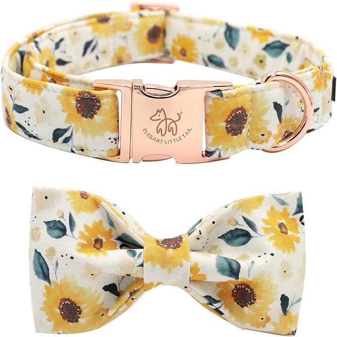 Elegant little tail Sunflower Print Dog Collar, Girl Dog Collar with Bow Adjustable Soft Bow tie Dog Collars for Medium Dogs