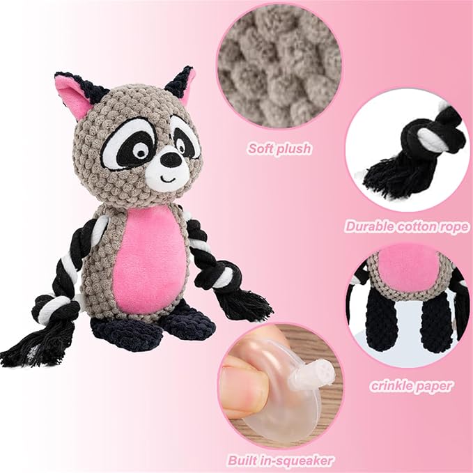 Plush Dog Chew Toys,Squeaky Dog Toys for Aggressive Chewers, Stuffed Animals Dog Toys for Small Medium Large Dogs to Keep Them Busy Puppy Teething Toys（Raccoon）