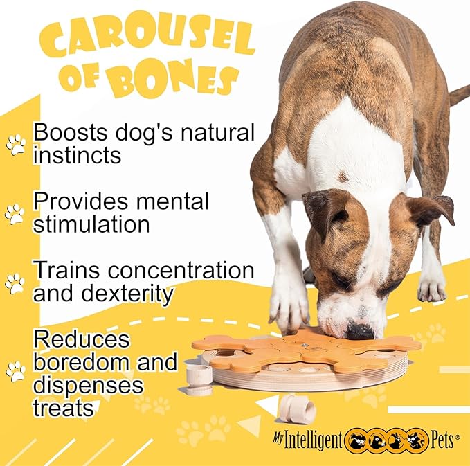 Carousel of Bones - Interactive Wooden Dog Puzzle Toy, Challenging Brain Game for Mental Stimulation and Enrichment, Fun Toy for Smart Pets