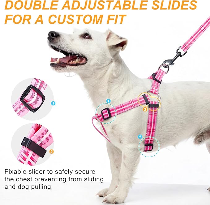 BEAUTYZOO No Pull Dog Harness and Leash Set - Adjustable Step-in Puppy Harness for Small Medium Large Dogs, Escape Proof Soft Nylon Vest with Double D Ring for Walking Running Training, Pink Plaid XS