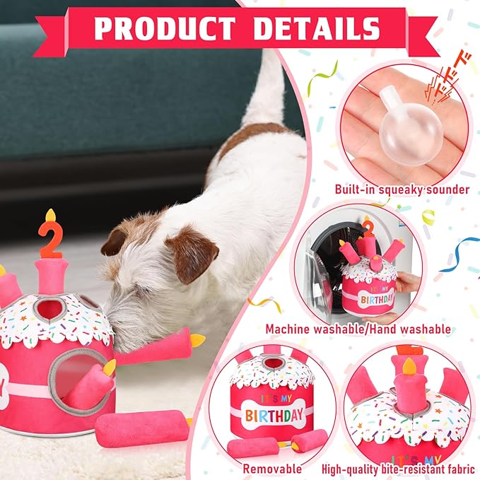 Dog 2nd Birthday Cake Toy Squeaky Interactive Dog Toy Hide and Seek Plush Dogs Puzzle Puppy Toys for Boredom Keep Them Busy for Small Medium Dogs(Pink)