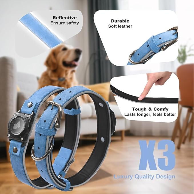Leather AirTag Dog Collar - IPX8 Waterproof Dog Collar with AirTag Holder|Reflective, High - End, Adjustable Soft Padded |Dog GPS Collar Tracker Fit for Medium Large Dogs (BLUE,M）