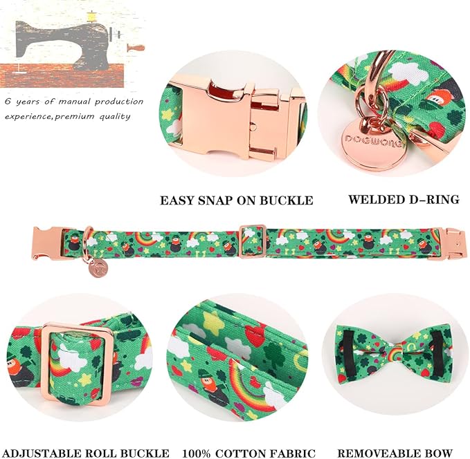 DOGWONG Green Lucky Clover Shamrock Dog Collar with Bowtie, Soft Adjustable St. Patrick's Day Lucky Charm Puppy Collar for Small Medium Large Dog