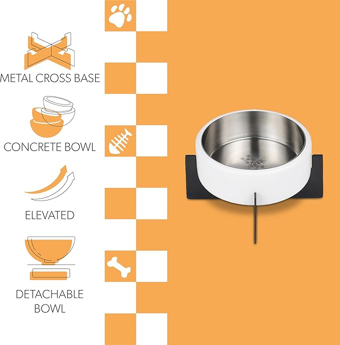 DBL3000E Intersecta Small/Medium Concrete and Stainless Steel Bowl 16oz (2 Cups) with Metal Stand Pet Feeder, White/Black