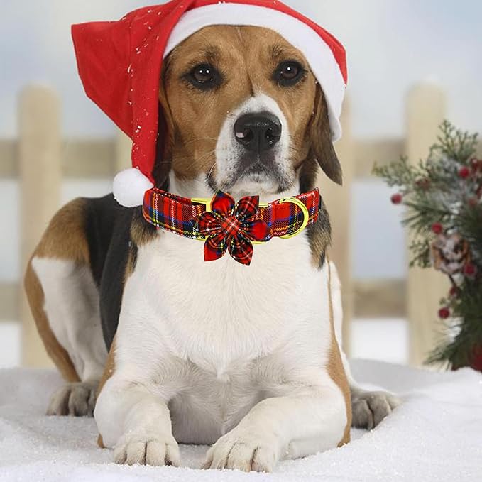 Elegant little tail Christmas Dog Collar, Winter Christmas Plaid Pet Collars Flower Red Metal Buckle Collar Puppy Girl Boy Holiday Cotton Soft Flower Adjustable Dog Collar for X-Large Dogs
