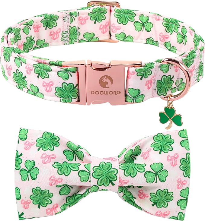 DOGWONG St. Patrick's Day Shamrock Dog Collar with Bow,Pink Green Four Leaf Clover Pattern Dog Collar, Adjustable Durable Soft Collars Irish Gift for Male Female Dogs,XL