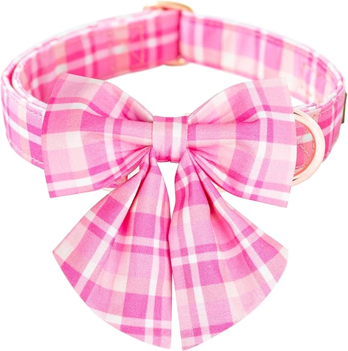 Tunkoo Elegant Pink Plaid Dog Collar with Bow Tie - Durable Adjustable and Stylish Cotton Pet Collar for Girls Small Medium Large, L