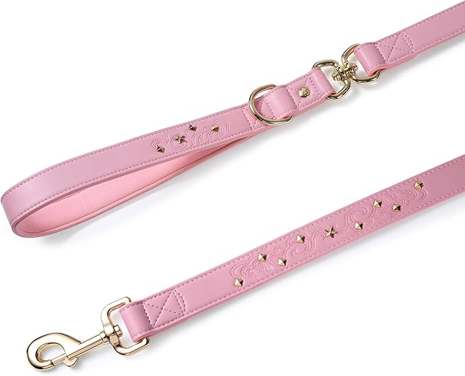 Blueberry Pet Premium Embossed Pink Glam Microfiber Leather Dog Leash with Gold Studs