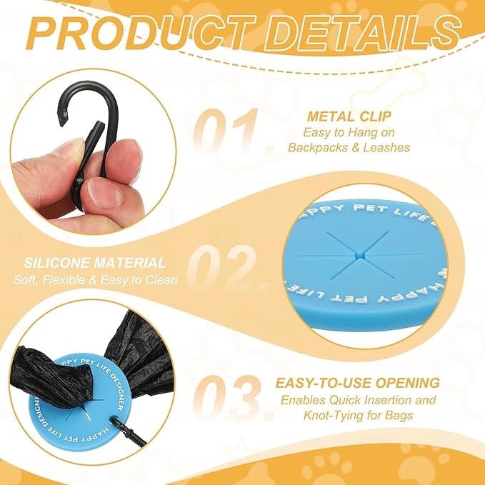 Dog Poop Bag Clip, Dog Poop Bag Holder Round for Dispenser Carrier Hands-Free Lightweight Durable PVC, (Blue, 5 Pcs), Intended for Leash/Pet Waste Bag