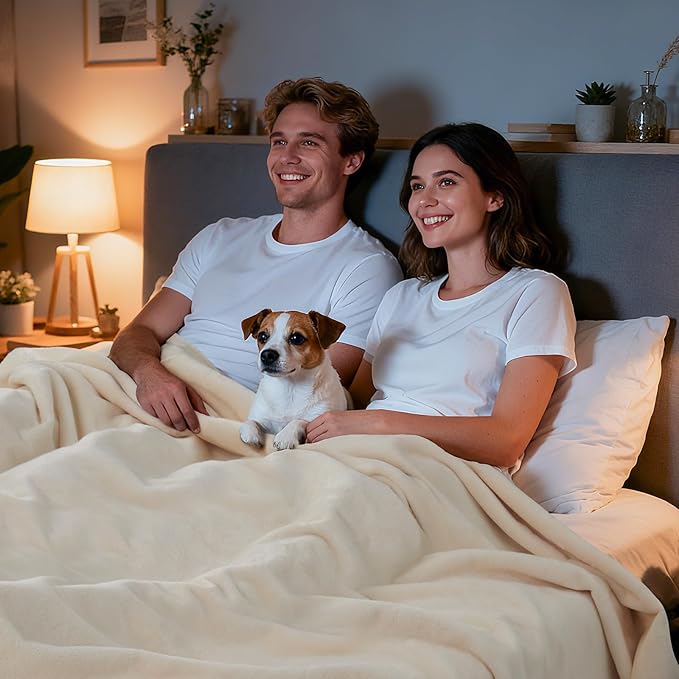 LOOBANI Waterproof Blanket for Bed: Reversible Soft Flannel Queen Bed Blanket 80" x 90", Waterproof Dog Blankets for Large Dogs, Spill-Proof Cover for Furniture Protection, Movie Time, Beige