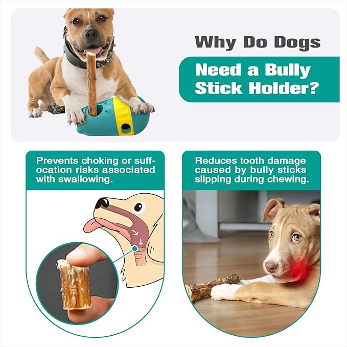 Dog Bully Stick Holder Safety Device Adjustable Treat Dispensing Puzzle Toy Ball Food Dispenser Slow Feeder Bowls Puppy Enrichment Interactive Chase Training Toys for Small Medium Large Dogs