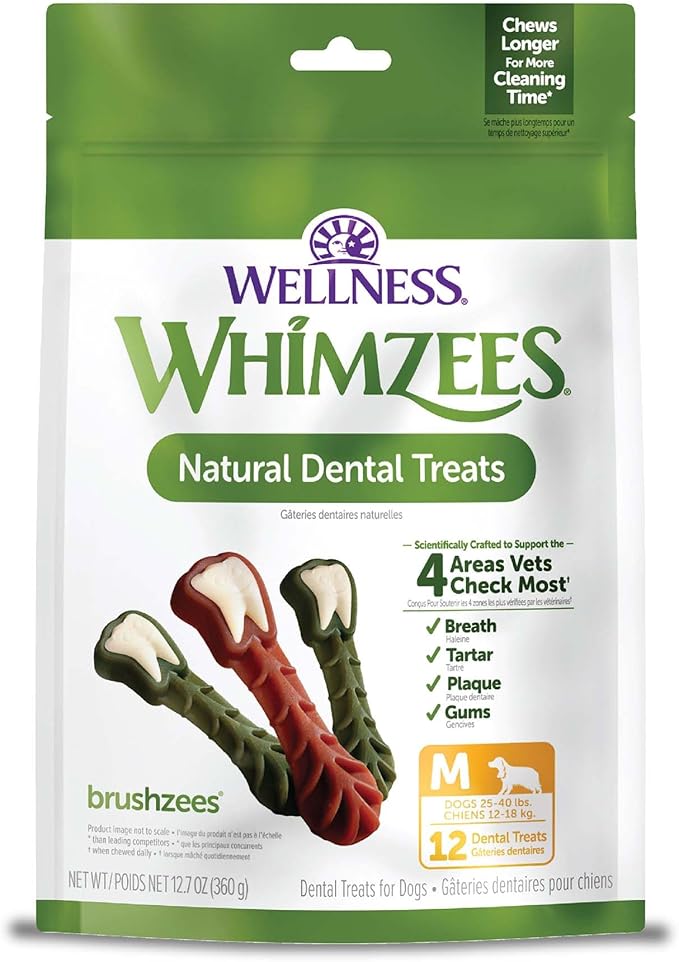 WHIMZEES Wellness Brushzees Dog Dental Treats, Natural Chews, Medium Size Stick, (12 Count)