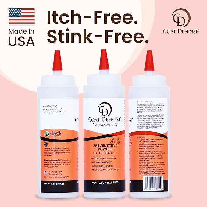 Coat Defense Daily Preventative Powder for Dogs and Cats | Anti-Itch Powder, Odor Control | Talc-Free, Non-Toxic Coat Defense for Dogs | 9 oz Precision Point